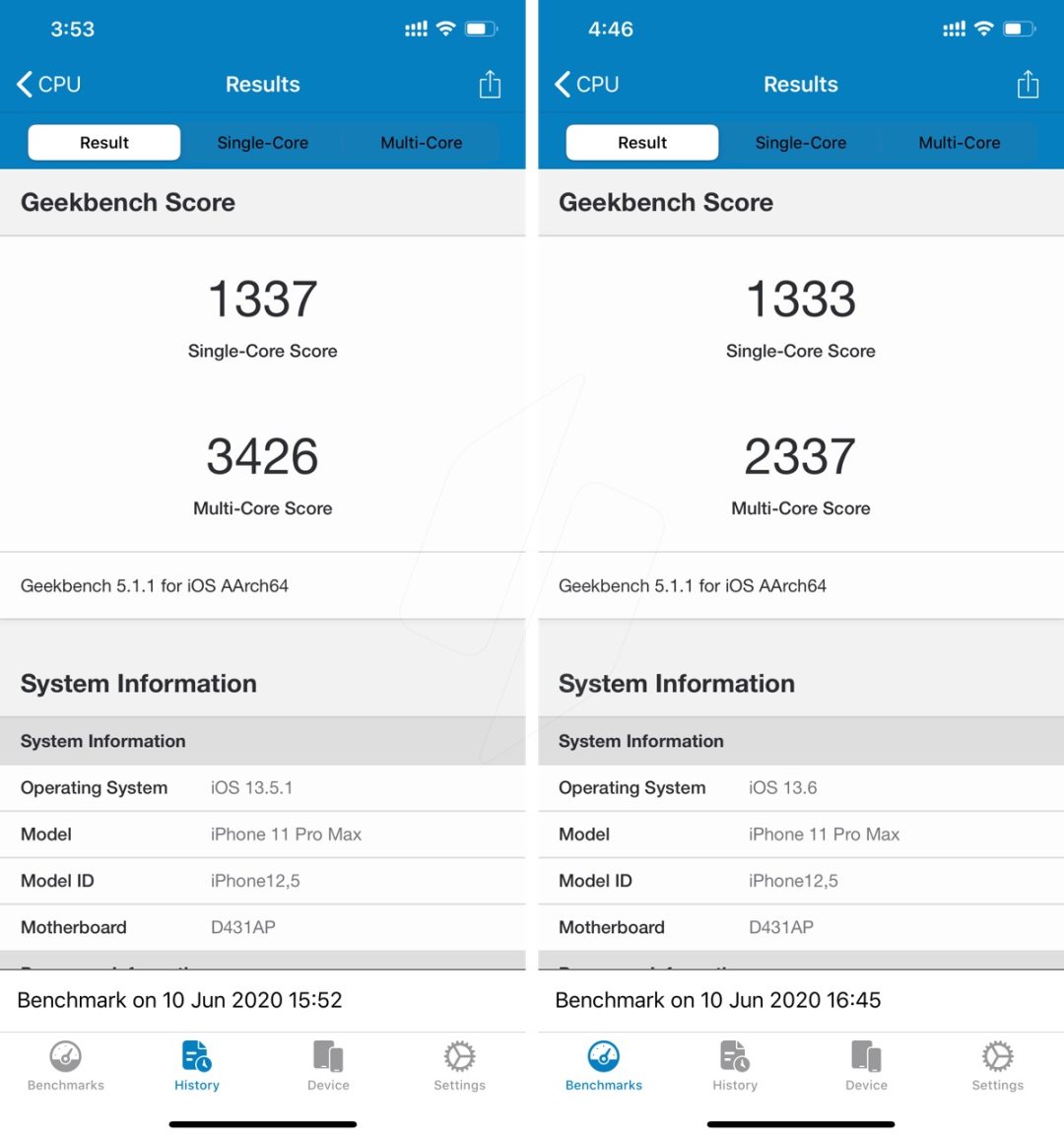 Geenbench5跑分变化，左边为iOS13.5.1系统